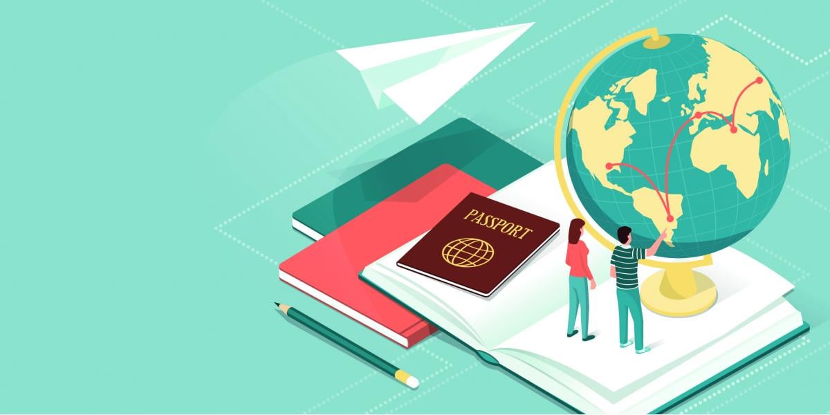 Illustration of a globe, paper airplane, books, and passport